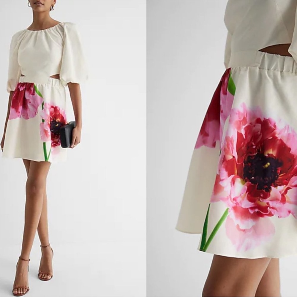 NWT Floral Puff Sleeve Cutout Mini Dress - Picture 2 of 6